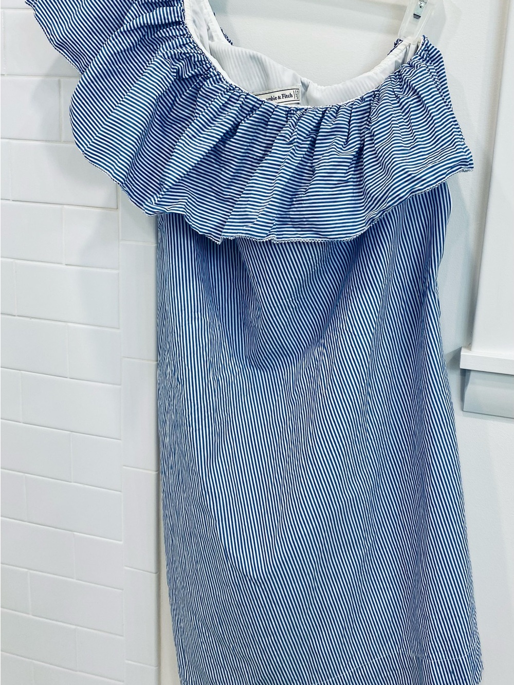 Abercrombie & Fitch (Large Tall) Blue & White Striped Ruffle  Asymmetrical Dress